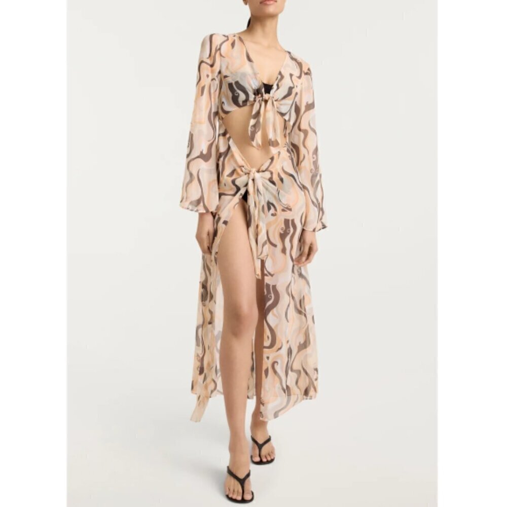 Cinq à Sept 'Talita' Abstract Tie-Knot Cover-Up Midi-Dress, Natural Multicolor